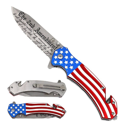 7" USA Flag Handle 2nd Amendment Design Blade Spring Assisted Folding Knife With Belt Clip