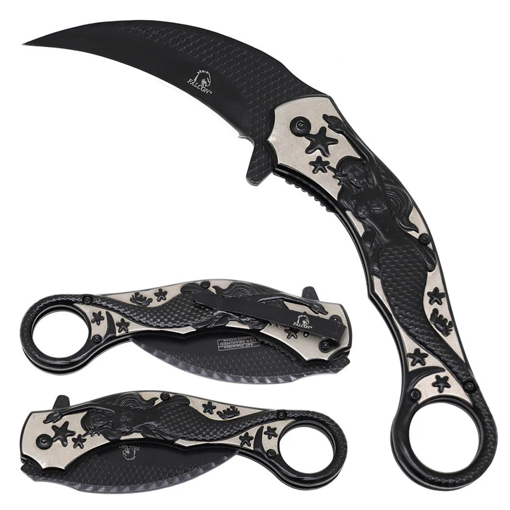8.25" Black Titanium Coated Blade Mermaid Design Handle Spring Assisted Folding Knife 