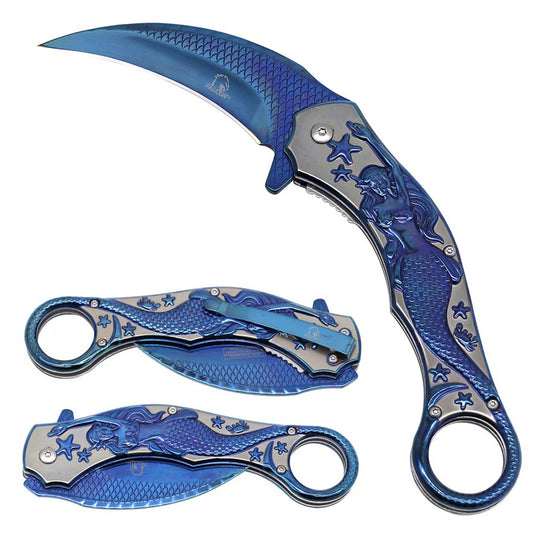 8.25" Blue Titanium Coated Blade Mermaid Design Handle Spring Assisted Folding Knife 