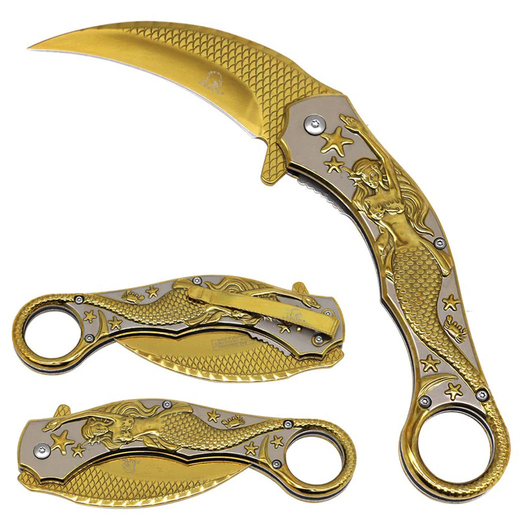 8.25" Gold Titanium Coated Blade Mermaid Design Handle Spring Assisted Folding Knife 