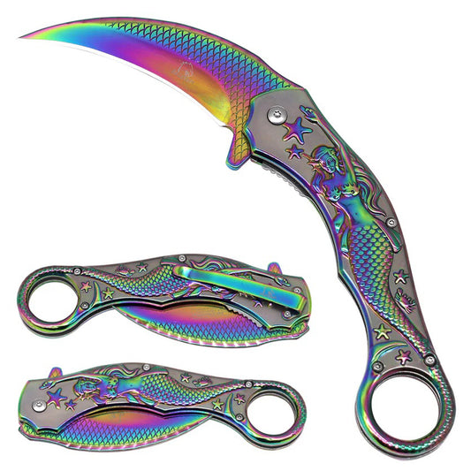 8.25" Rainbow Titanium Coated Blade Mermaid Design Handle Spring Assisted Folding Knife 
