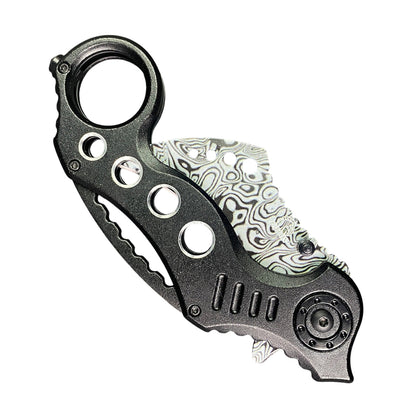 7.5" Black Aluminum Handle Damascus Pattern Blade Karambit Spring Assisted Folding Knife 