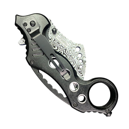 7.5" Black Aluminum Handle Damascus Pattern Blade Karambit Spring Assisted Folding Knife 