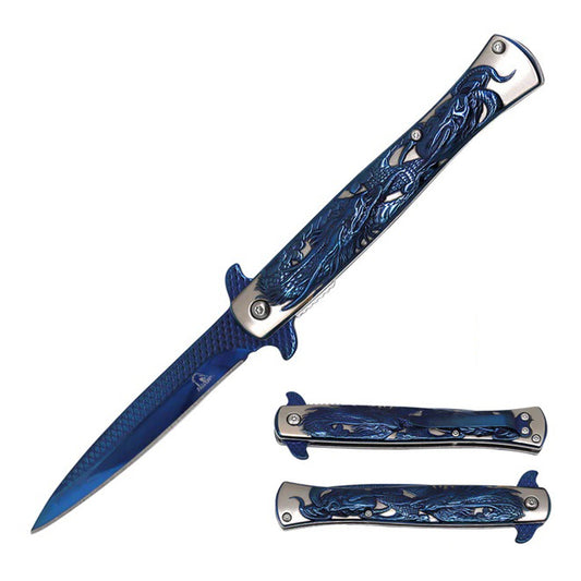 9" Blue Titanium Coated Dragon Engraved Handle Spring  Assisted Folding Knife With Clip