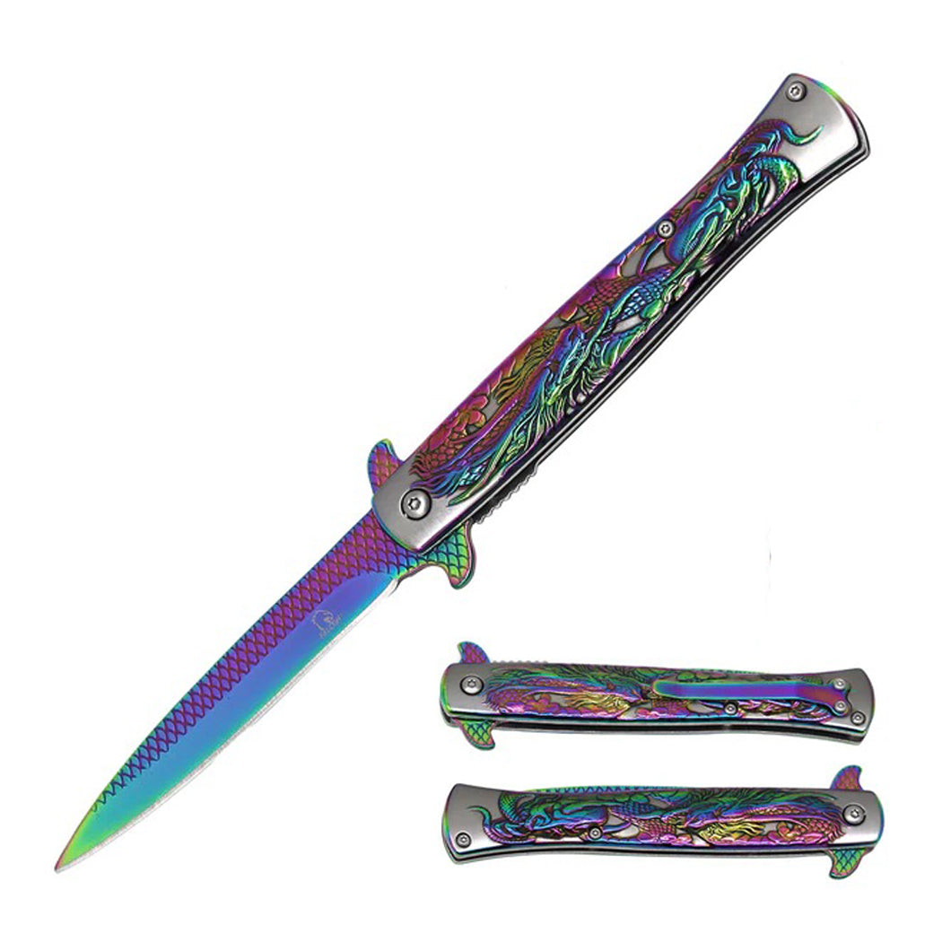9" Rainbow Titanium Coated Dragon Engraved Handle Spring  Assisted Folding Knife With Clip