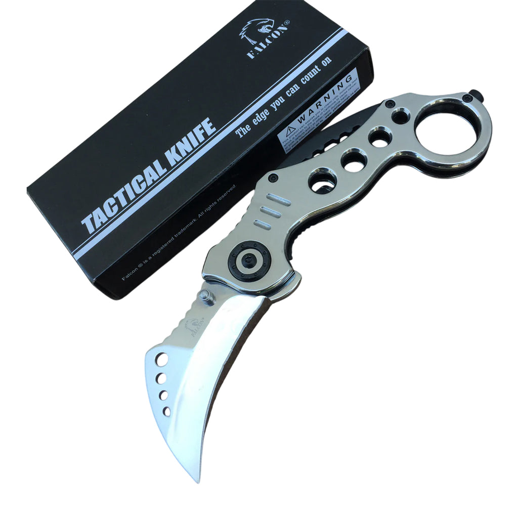 7.5" Chrome Silver Karambit Spring Assisted Tactical Folding Knife With Belt Clip