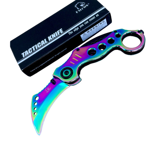 7.5" Rainbow Color Karambit Spring Assisted Tactical Folding Knife With Belt Clip