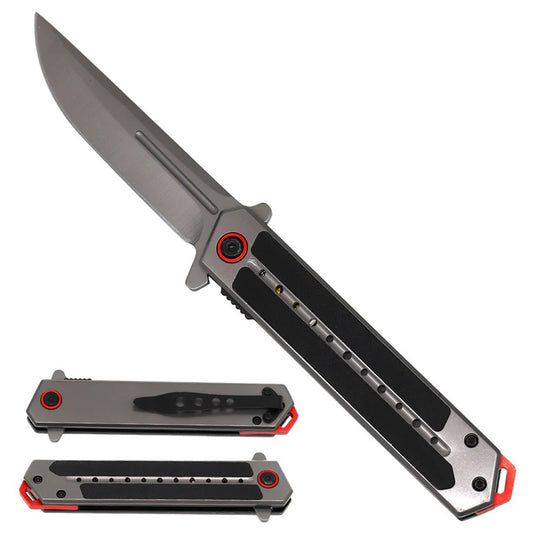 8.25" Black & Grey Handle Chrome Stainless Steel Blade Folding Knife With Belt Clip