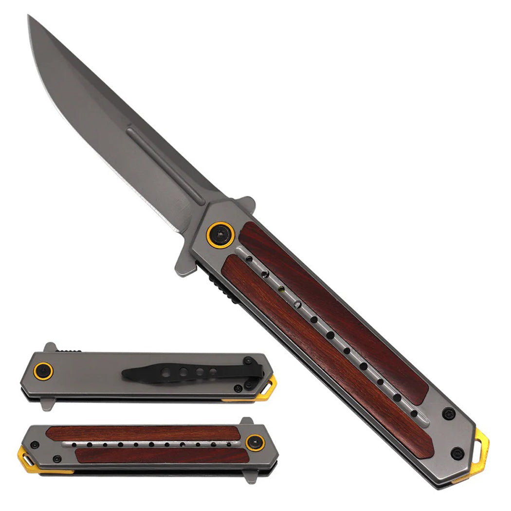8.25" Wood & Grey Handle Chrome Stainless Steel Blade Folding Knife With Belt Clip