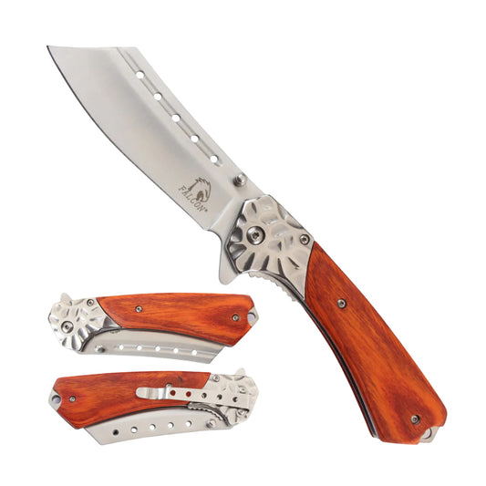 8" Stainless Steel Blade Spring Assisted Folding Knife Wood Handle With Belt Clip