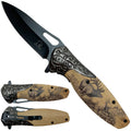 8.25" Deer Design Wooden Handle Spring Assisted Folding Pocket Knife With Clip