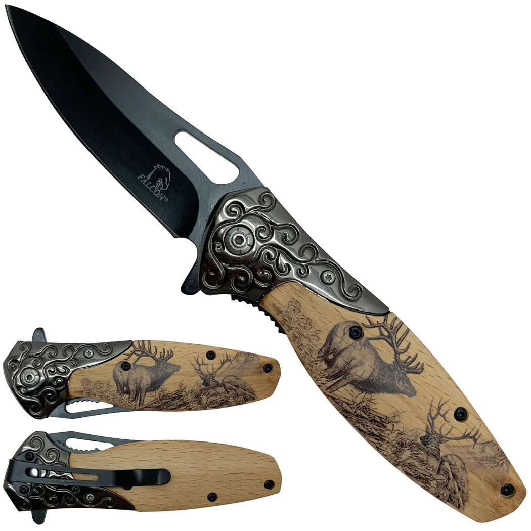 8.25" Deer Design Wooden Handle Spring Assisted Folding Pocket Knife With Clip