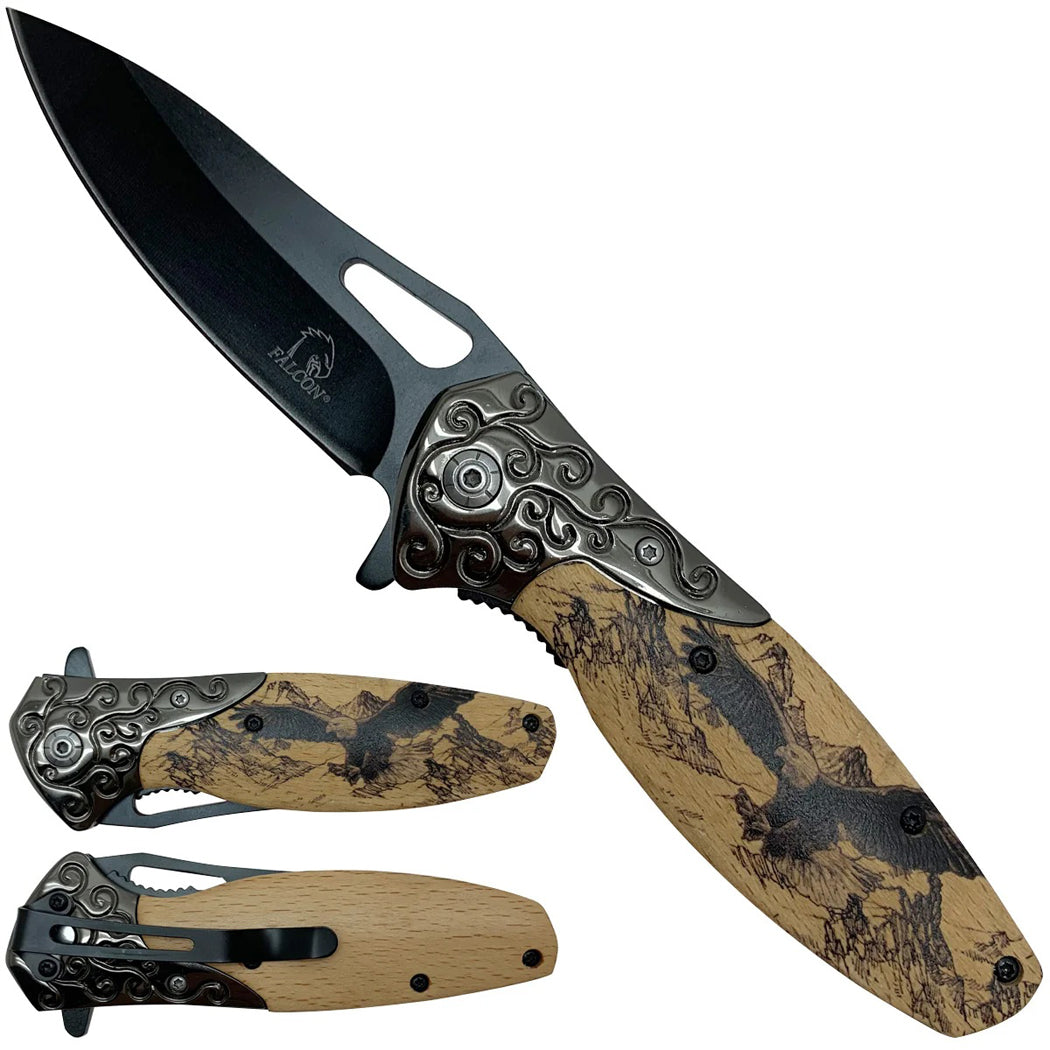 8.25" Eagle Design Wooden Handle Spring Assisted Folding Pocket Knife With Clip