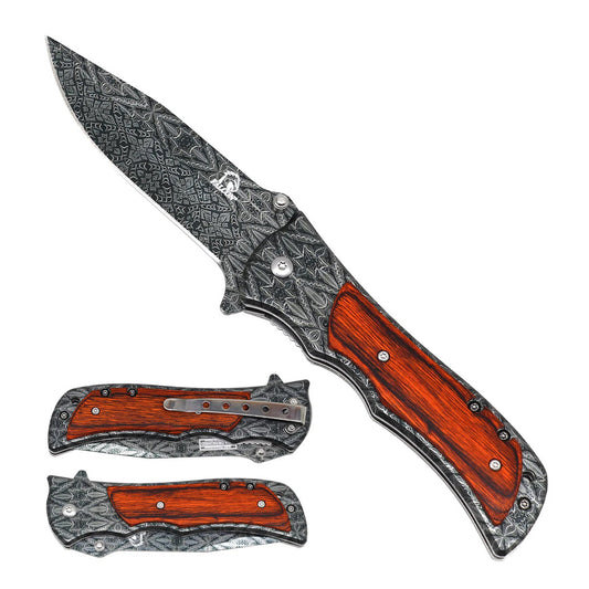 8" Damascus Pattern Blade Brown Wood Handle Spring Assisted Folding Knife With Belt Clip