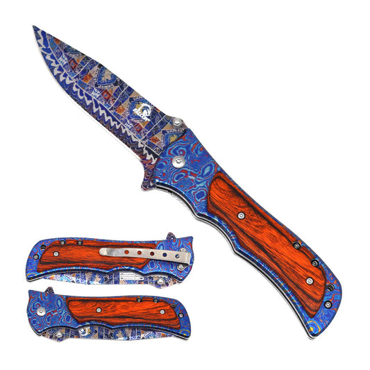 8" 3D Printed Blade Rainbow & Wood Handle Spring Assisted Folding Knife With Belt Clip