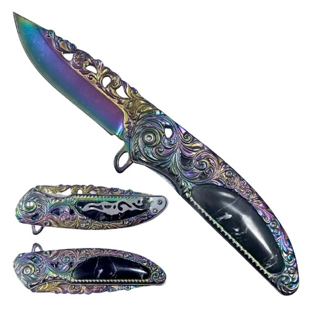8" Black Acrylic Handle Rainbow Ornate Engraved Spring Assisted Folding Knife With Clip