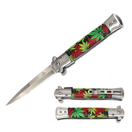 8" Silver Blade Marijuana Design Handle Spring  Assisted Folding Knife With Clip