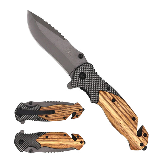 8" Grey Blade Wood & Carbon Fiber Handle Spring Assisted Folding Knife With Belt Clip