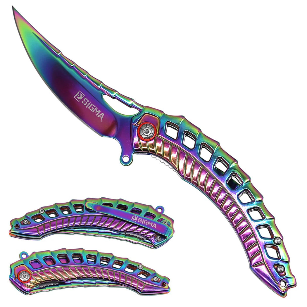 8" Rainbow Color Sculpted Handle Ball Bearing Flipper Folding Knife With Clip