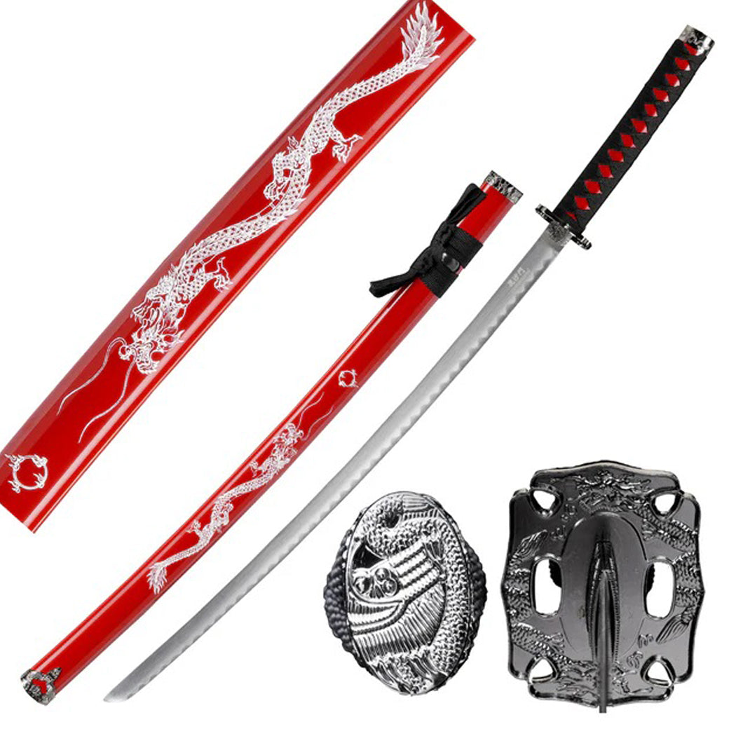 39.5" Dragon Print Design Red Scabbard Carbon Steel Blade Samurai Sword With Stand