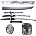 39.5" White Dragon Print Design Corbon Steel Blades Samurai Sword 3Pcs Set With Stand