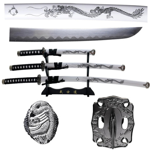 39.5" White Dragon Print Design Corbon Steel Blades Samurai Sword 3Pcs Set With Stand