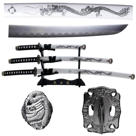 39.5" White Dragon Print Design Corbon Steel Blades Samurai Sword 3Pcs Set With Stand