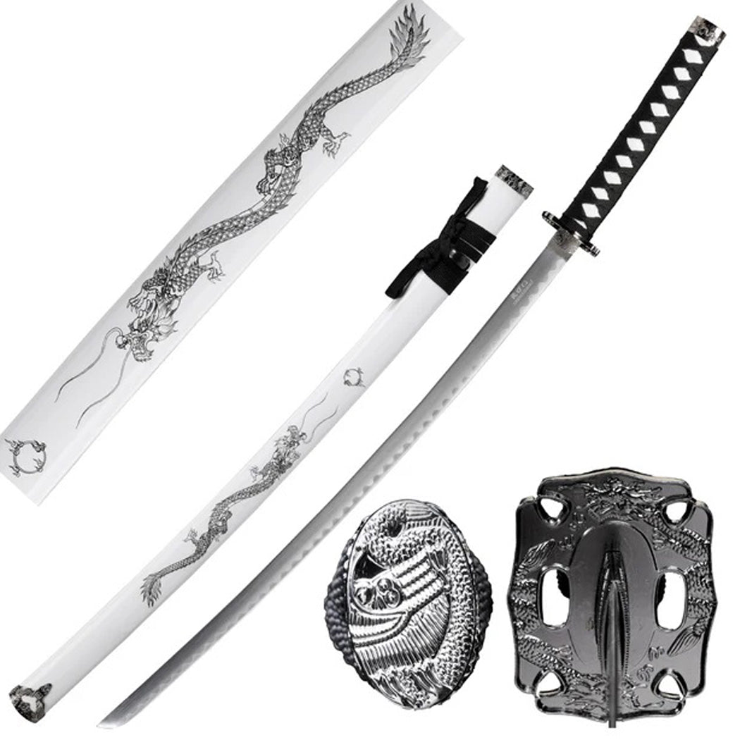 39.5" Dragon Print Design White Scabbard Carbon Steel Blade Samurai Sword With Stand