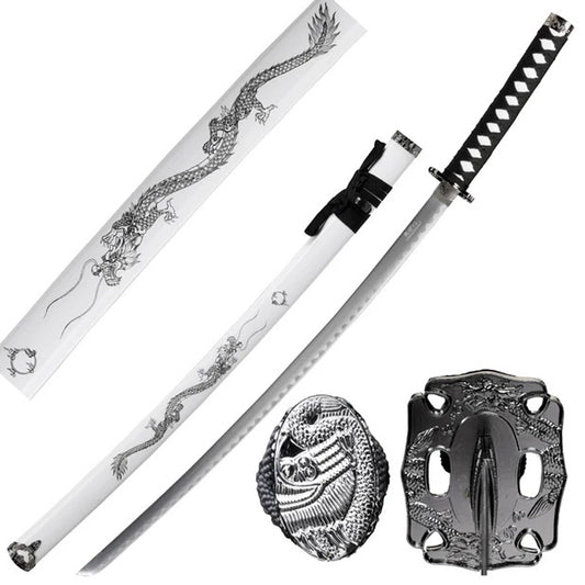 39.5" Dragon Print Design White Scabbard Carbon Steel Blade Samurai Sword With Stand