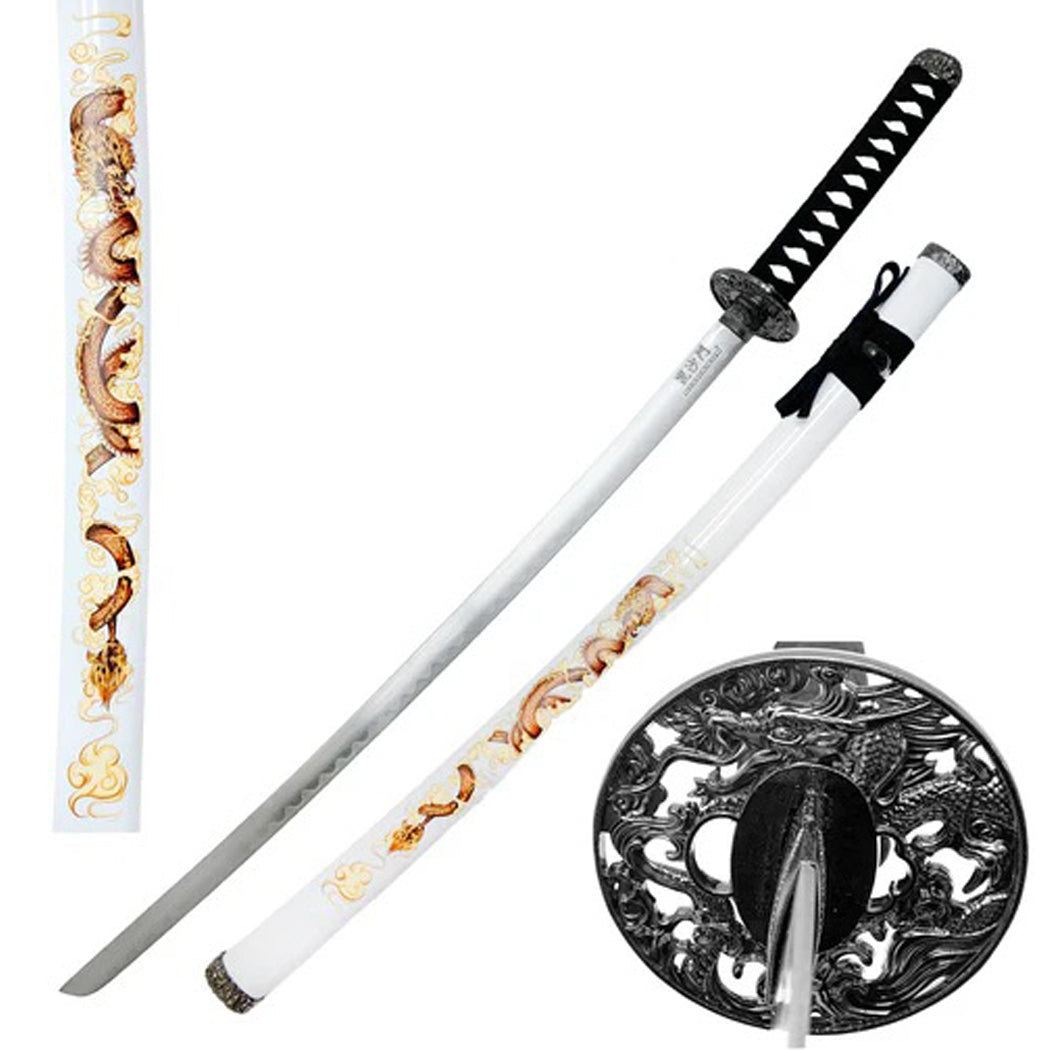 39.5" Dragon Print Design White Plastic Scabbard Carbon Steel Blade Samurai Sword With Stand