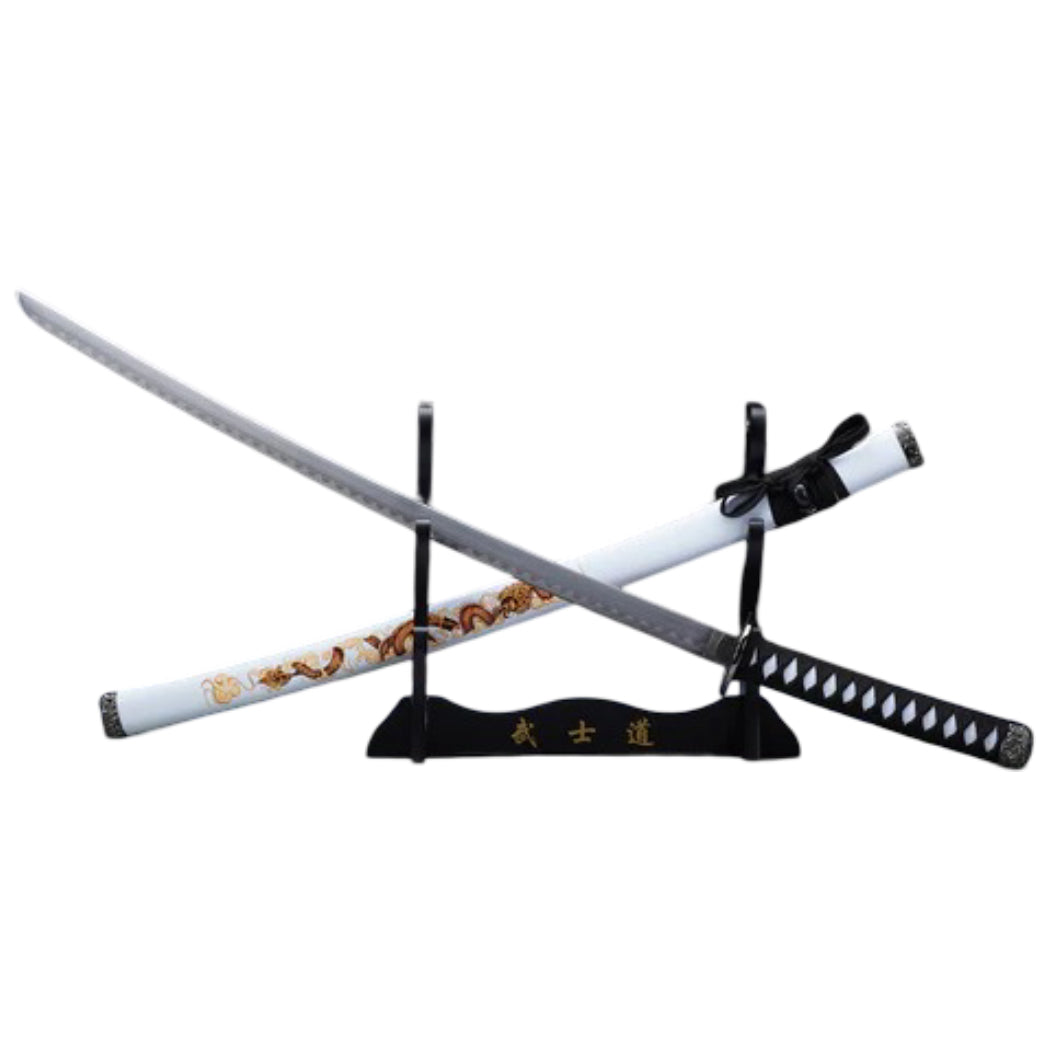 39.5" Dragon Print Design White Plastic Scabbard Carbon Steel Blade Samurai Sword With Stand