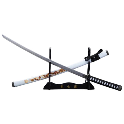 39.5" Dragon Print Design White Plastic Scabbard Carbon Steel Blade Samurai Sword With Stand