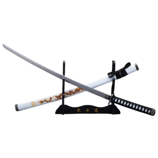 39.5" Dragon Print Design White Plastic Scabbard Carbon Steel Blade Samurai Sword With Stand