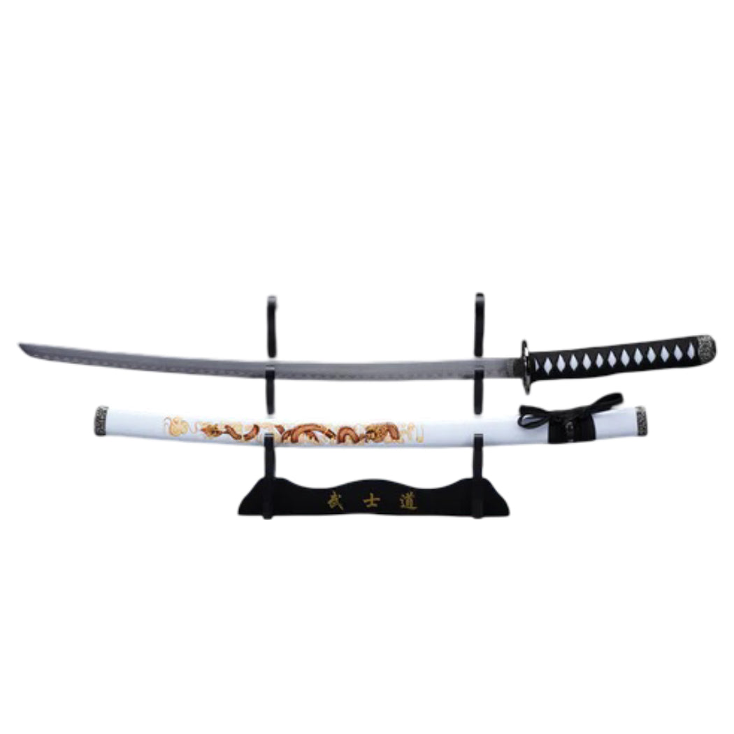 39.5" Dragon Print Design White Plastic Scabbard Carbon Steel Blade Samurai Sword With Stand