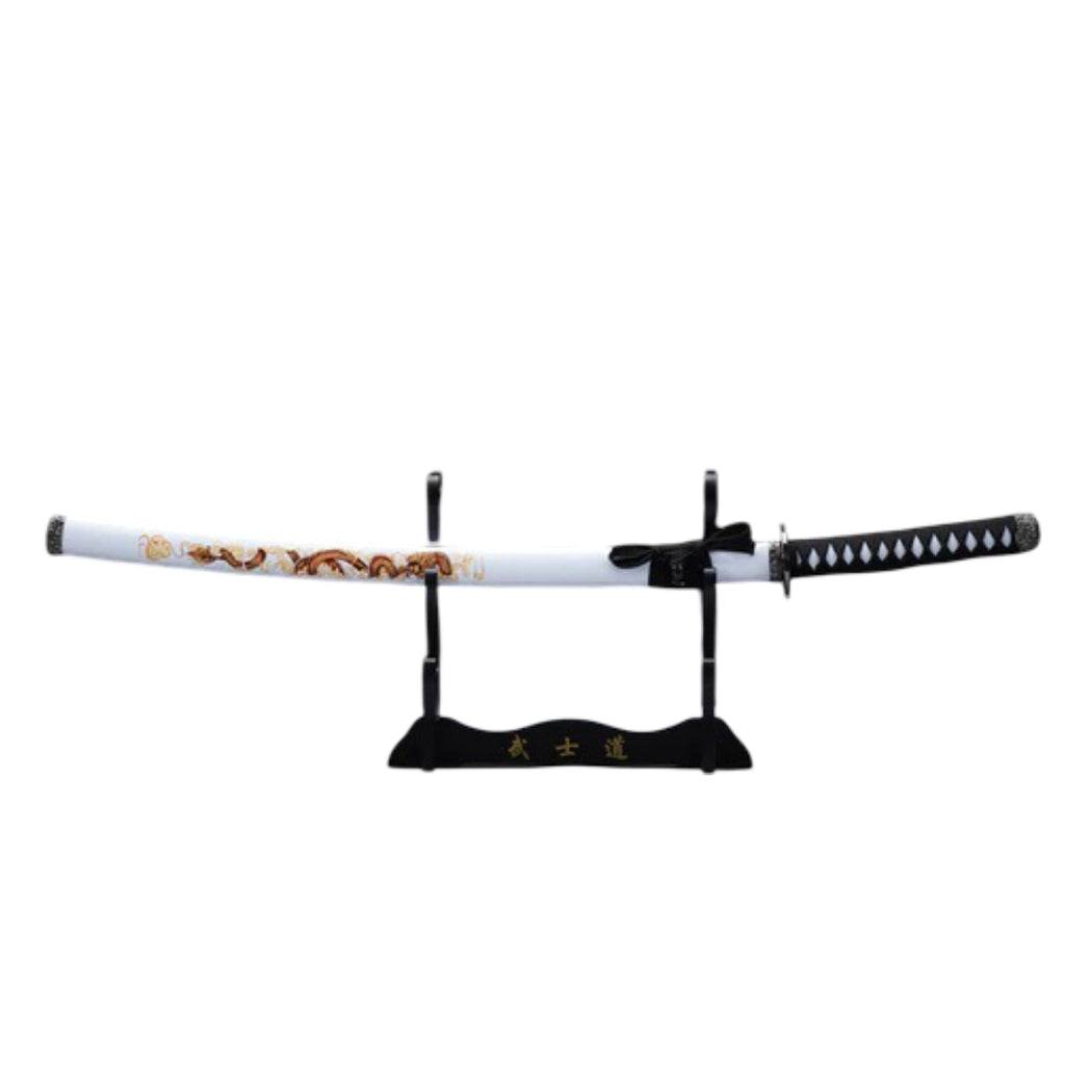 39.5" Dragon Print Design White Plastic Scabbard Carbon Steel Blade Samurai Sword With Stand