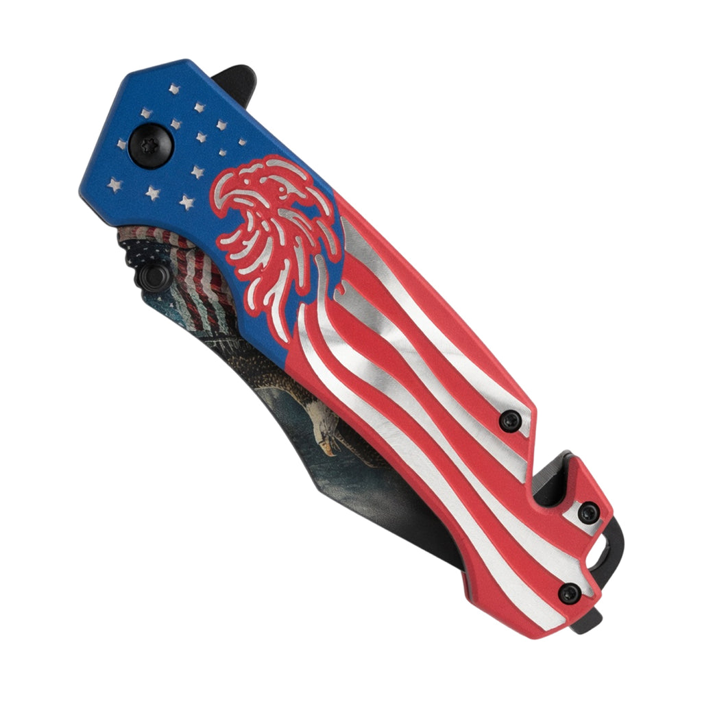 8" American Eagle & USA Flag Printed Spring Assisted Folding Knife with Aluminum Handle & Belt Cutter