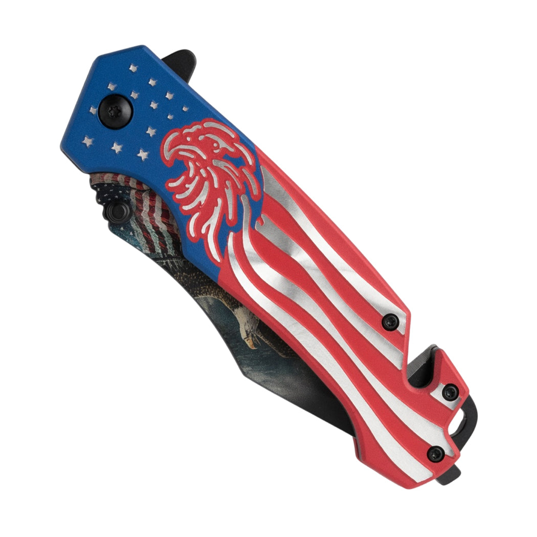 8" American Eagle & USA Flag Printed Spring Assisted Folding Knife with Aluminum Handle & Belt Cutter