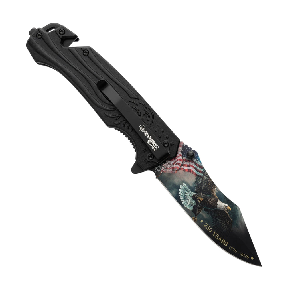 8" American Eagle & USA Flag Printed Spring Assisted Folding Knife with Aluminum Handle & Belt Cutter
