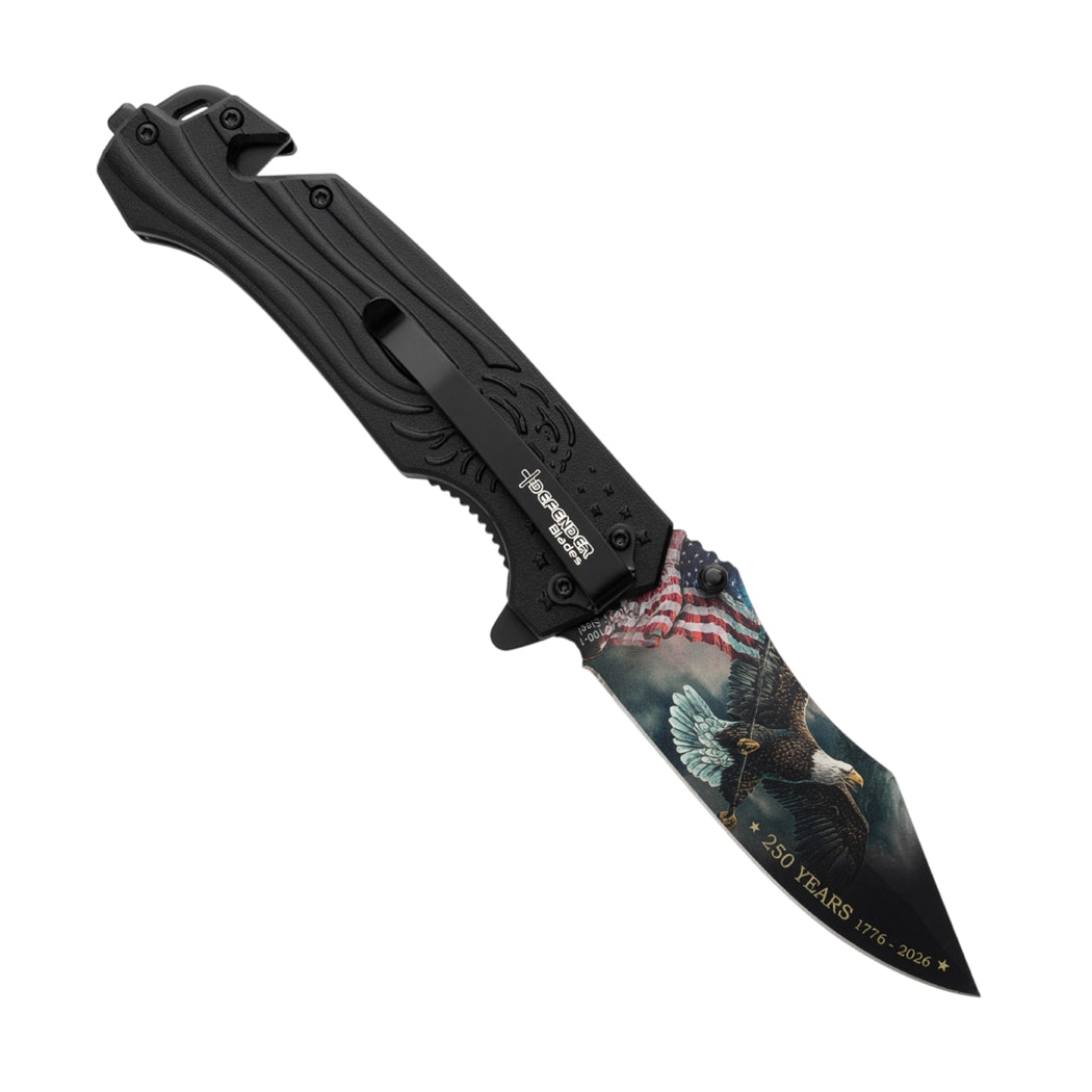 8" American Eagle & USA Flag Printed Spring Assisted Folding Knife with Aluminum Handle & Belt Cutter