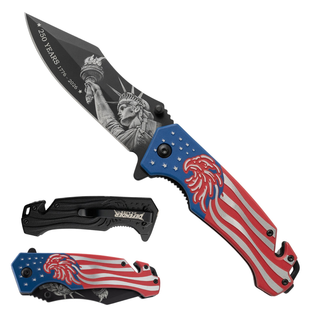 8" Statue of Liberty USA Flag Spring Assisted Folding Knife with Aluminum Handle & Belt Cutter