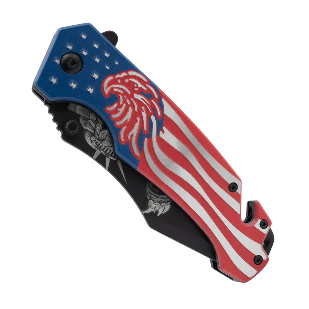 8" Statue of Liberty USA Flag Spring Assisted Folding Knife with Aluminum Handle & Belt Cutter