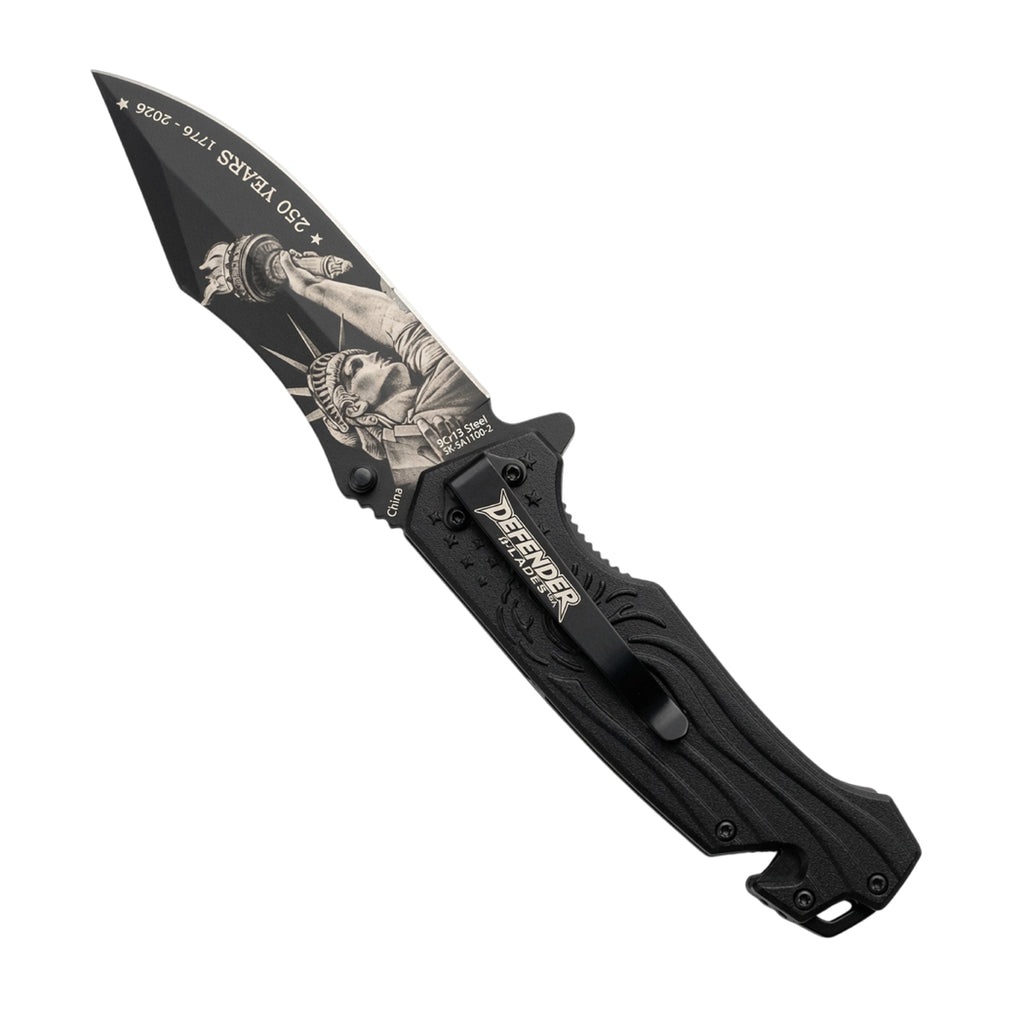 8" Statue of Liberty USA Flag Spring Assisted Folding Knife with Aluminum Handle & Belt Cutter