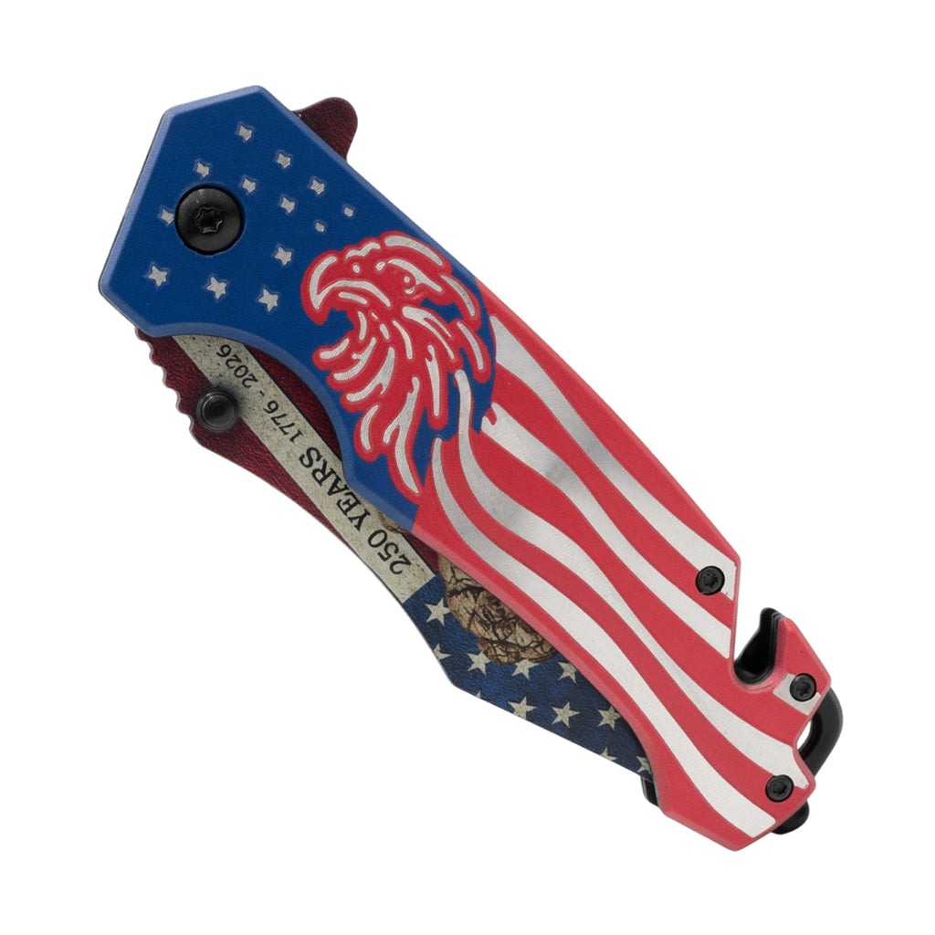 8" Mount Rushmore USA Flag Spring Assisted Folding Knife with Aluminum Handle & Belt Cutter