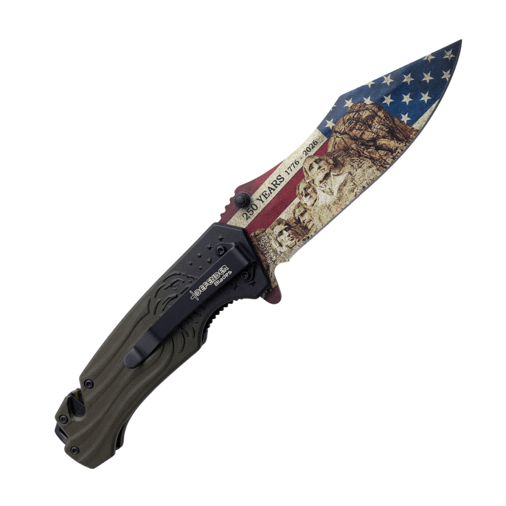 8" Mount Rushmore USA Flag Spring Assisted Folding Knife with Aluminum Handle & Belt Cutter