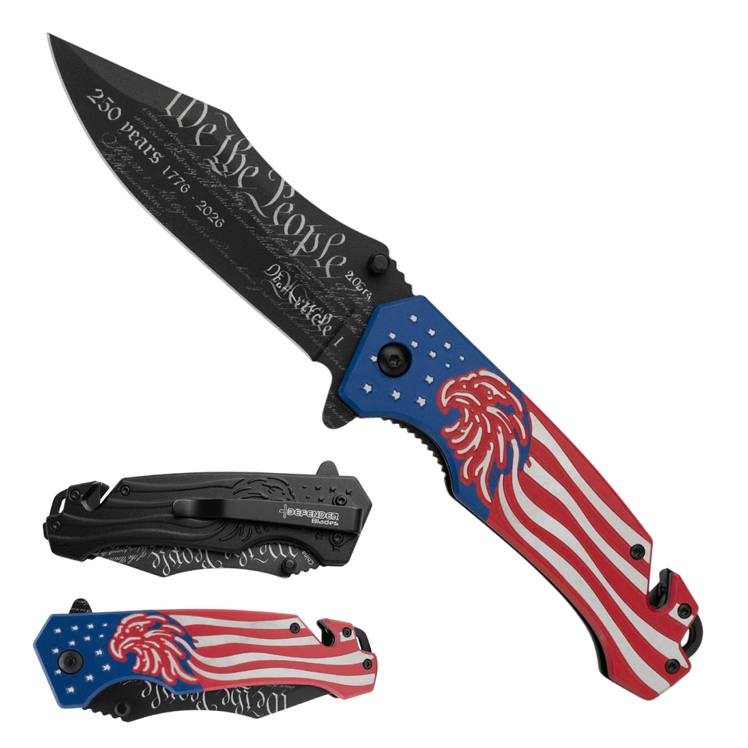 8" We The People USA Flag Spring Assisted Folding Knife with Aluminum Handle & Belt Cutter