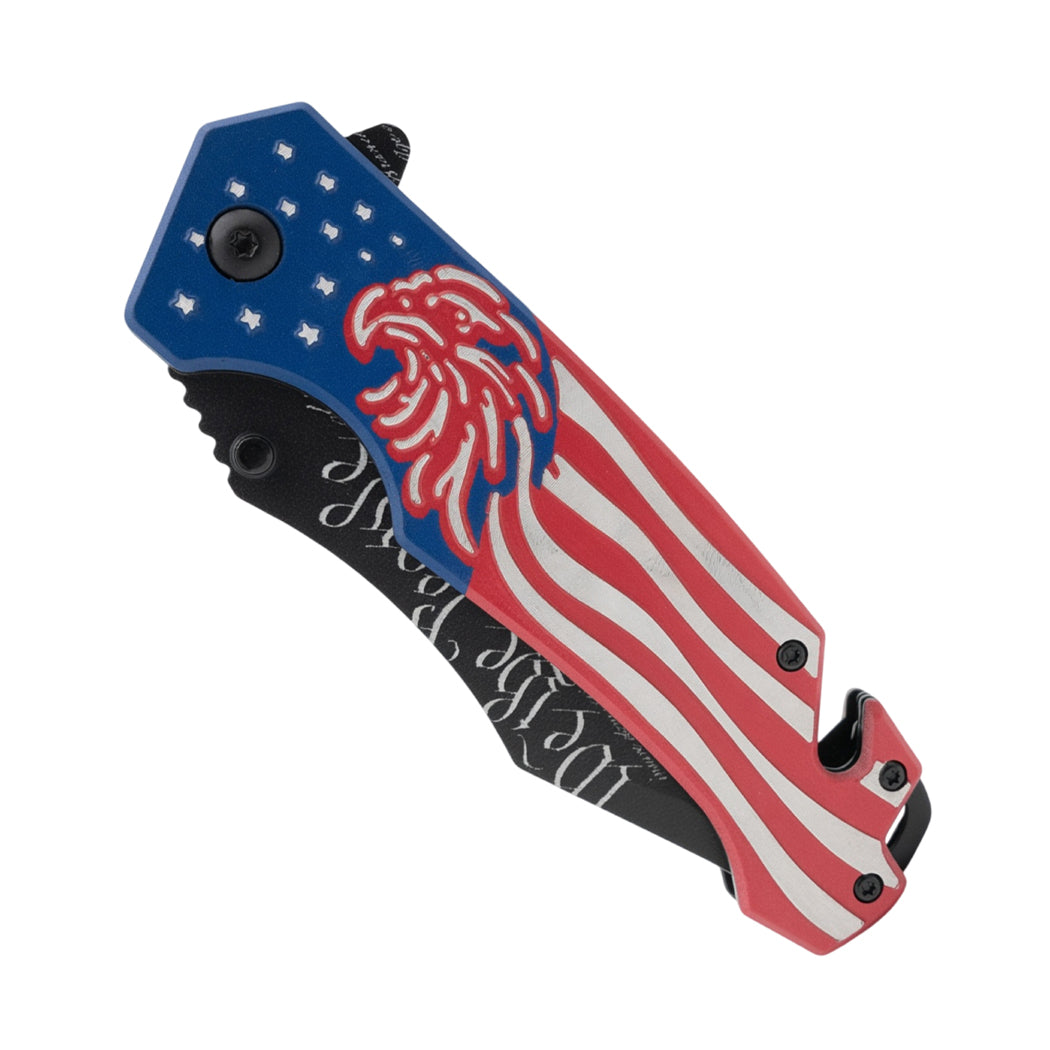 8" We The People USA Flag Spring Assisted Folding Knife with Aluminum Handle & Belt Cutter