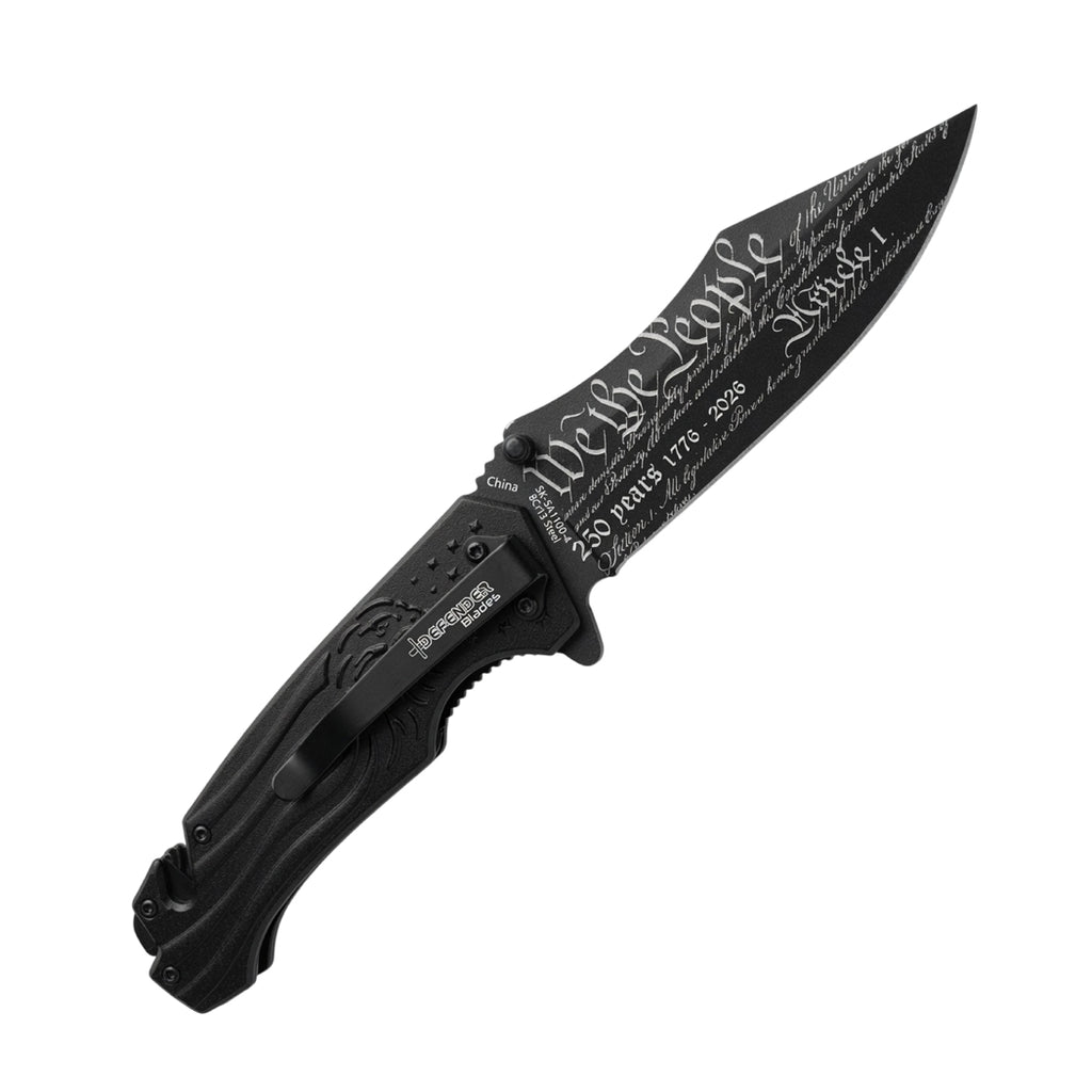 8" We The People USA Flag Spring Assisted Folding Knife with Aluminum Handle & Belt Cutter