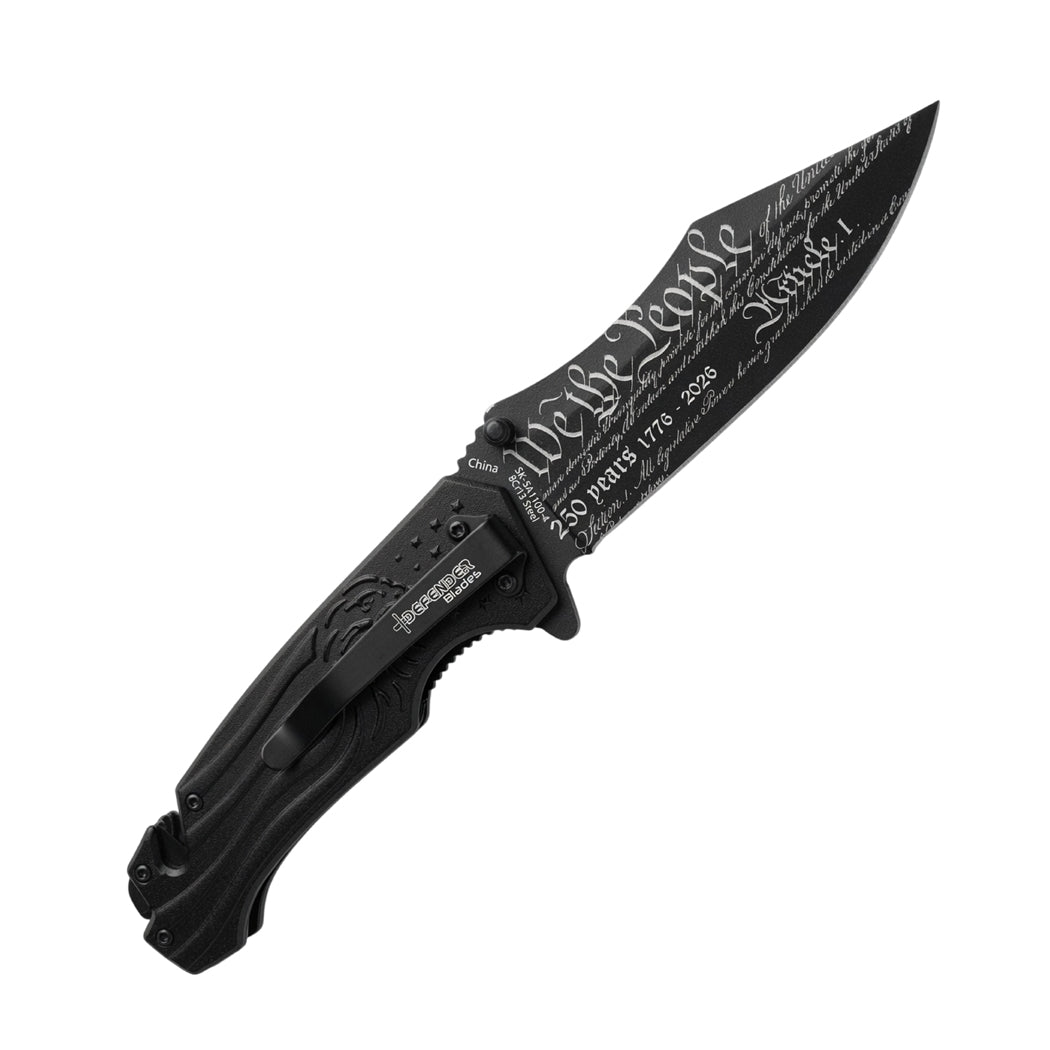 8" We The People USA Flag Spring Assisted Folding Knife with Aluminum Handle & Belt Cutter
