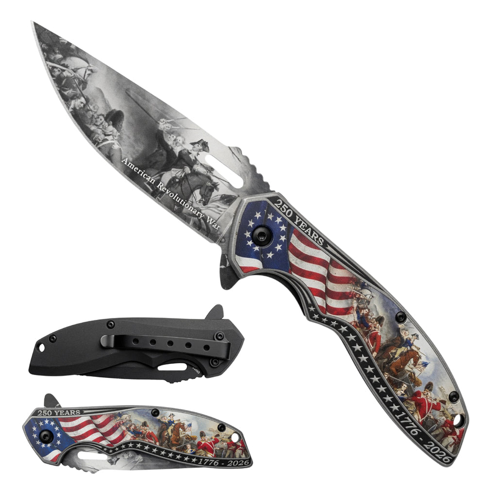 8" American Flag Revolutionary War Design Printed Blade & Handle Spring Assisted Folding Knife with Belt Clip