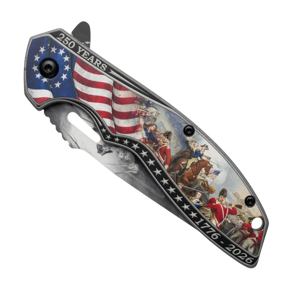 8" American Flag Revolutionary War Design Printed Blade & Handle Spring Assisted Folding Knife with Belt Clip